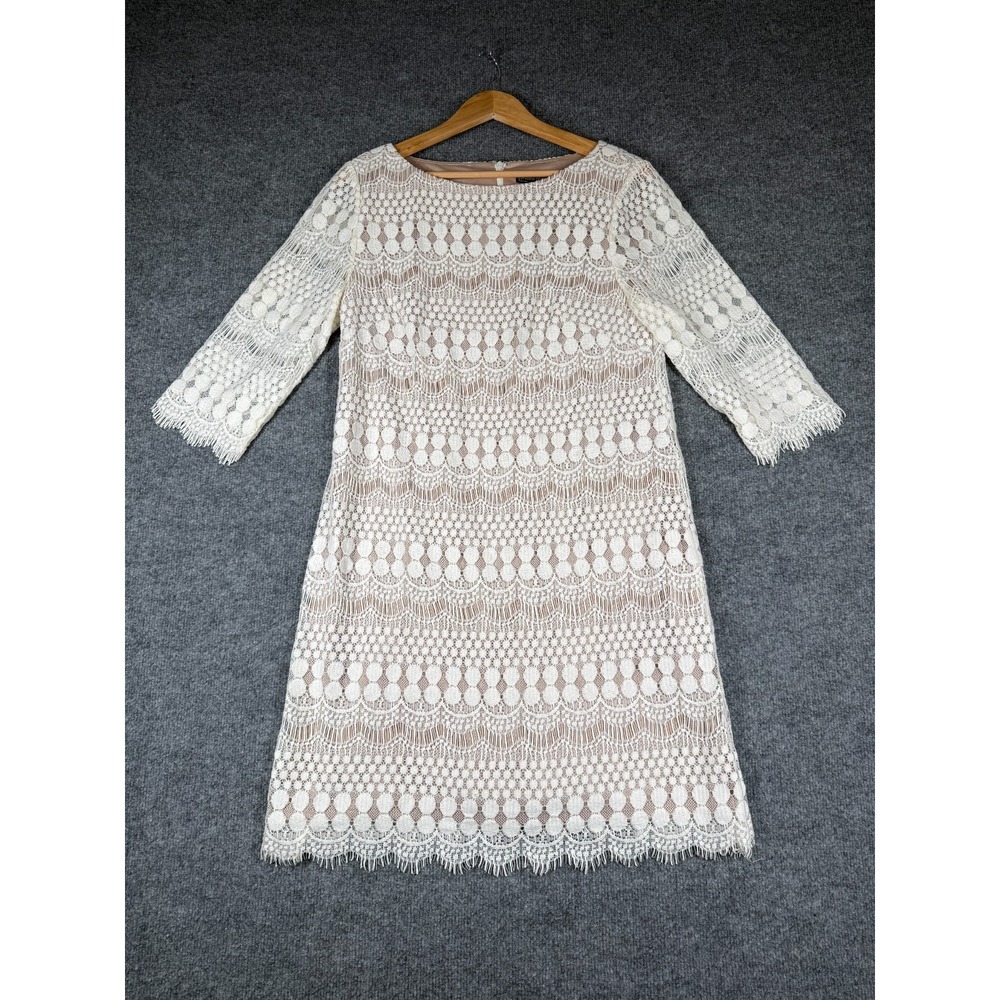 Jessica Howard Crochet Lace Sheath Dress Women's 14 Cream Beige Lined Back Zip